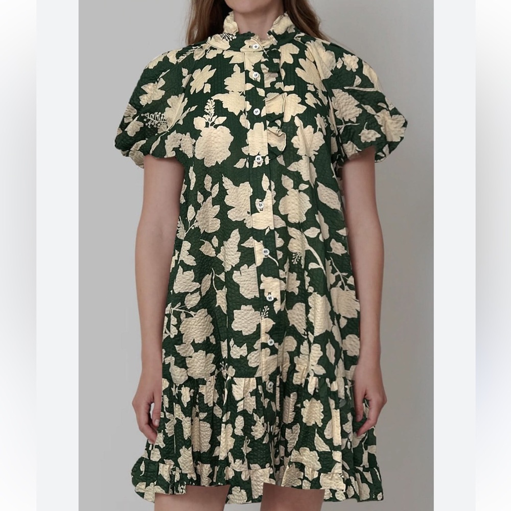 Secular Women’s Lennox Green Floral Ruffle Collar Dress XS S Cotton